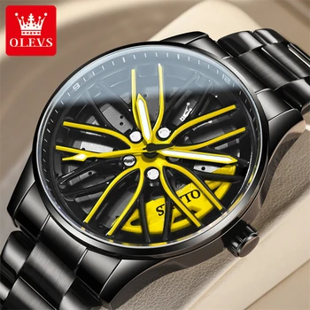 OLEVS 9937 Спортивные мужские часы Оригинальные водонепроницаемые светящиеся наручные часы из нержавеющей стали Модные повседневные вращающиеся автомобильные обод колесные часы