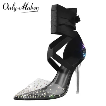 Onlymaker Женщины с острым носком Прозрачный ремешок для лодыжки из ПВХ Тонкие туфли на шпильке на высоком каблуке Лето Большие размеры на шнуровке Каблуки 0