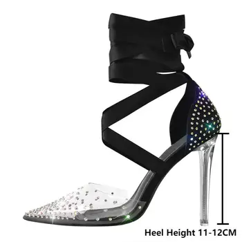 Onlymaker Женщины с острым носком Прозрачный ремешок для лодыжки из ПВХ Тонкие туфли на шпильке на высоком каблуке Лето Большие размеры на шнуровке Каблуки 1