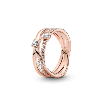 Pandora 925 Серебряное сверкающее кольцо с тройной полосой Розовое золото Элегантные и роскошные ювелирные изделия, подходящие для подарков на день рождения женщин 
