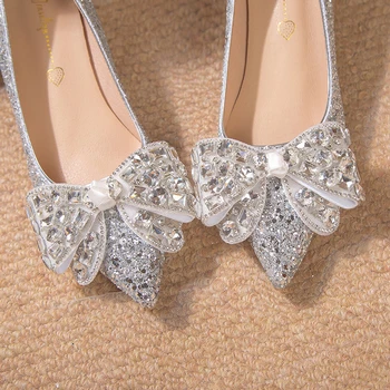 Plus Размер 43 Серебряная Свадебная Обувь Женщины 2023 Горный Хрусталь Галстук-Бабочка Высокие Каблуки Туфли Женщина Острый Носок Дамы Пайетки Обувь Для Вечеринок 5