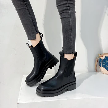 PU кожа плюшевые ботильоны ботильоны челси ботинки массивные ботинки женская зимняя обувь черная женская осенняя модная платформа пинетки размер 40 3
