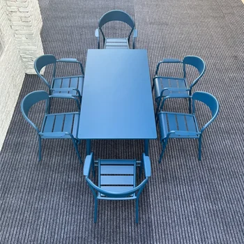 QB16 Уличные металлические столы и стулья Магазин чая с молоком Садовые стулья Водонепроницаемые и солнцезащитные Outdoor_Blue_Tables, Стулья, Кофе T