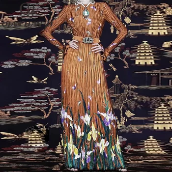 QHZ Дизайнер Мода Винтаж Роскошное Макси Платье Женщины С длинным рукавом Высококачественный ремень с цветочным принтом Тонкие складки Вечернее длинное платье