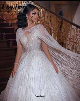 Robe De Mariee V-образный вырез Блестящие бусы Мусульманские длинные свадебные платья 2023 Arabian Dubai Design A Line Слоновая кость с болеро Свадебные гоны