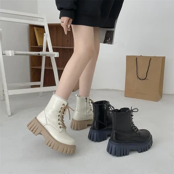 Rock Shoes Женщина Ботинки на шнуровке Сапоги на плоском каблуке-Женщины Роскошный Дизайнер Круглый Носок 2023 Мода Лолита Черный Лодыжка Женская Осень 0