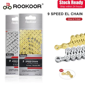 Rookoor Bicycle EL Chain для 9-скоростных запчастей для горных велосипедов и шоссейных велосипедов - легкая, полая конструкция со 116 звеньями, серебристый титан