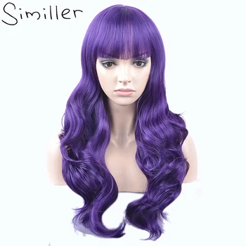 Similler Длинные синтетические парики для женщин Волнистые волосы Высокотемпературный фиолетовый красный косплей Парик с челкой Лолита 0