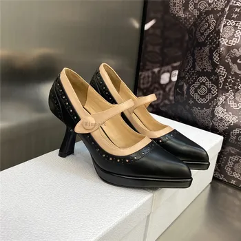 Spring New Sharp Toe Натуральная кожа Высокие каблуки Женщина Мэри Джейнс Обувь Мода Прекрасный Тонкий Каблук Вечеринка Одиночная Обувь Женщины 2023 1