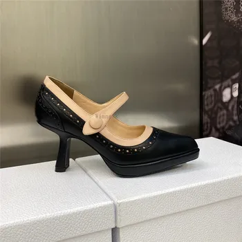 Spring New Sharp Toe Натуральная кожа Высокие каблуки Женщина Мэри Джейнс Обувь Мода Прекрасный Тонкий Каблук Вечеринка Одиночная Обувь Женщины 2023 2