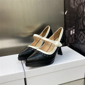 Spring New Sharp Toe Натуральная кожа Высокие каблуки Женщина Мэри Джейнс Обувь Мода Прекрасный Тонкий Каблук Вечеринка Одиночная Обувь Женщины 2023 3
