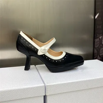 Spring New Sharp Toe Натуральная кожа Высокие каблуки Женщина Мэри Джейнс Обувь Мода Прекрасный Тонкий Каблук Вечеринка Одиночная Обувь Женщины 2023 5
