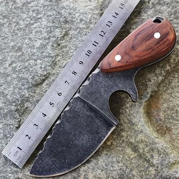 Swayboo Деревянная ручка Открытый нож для кемпинга Stone Wash Портативные охотничьи ножи для выживания с кожаными ножнами в ножнах Фиксированное лезвие
