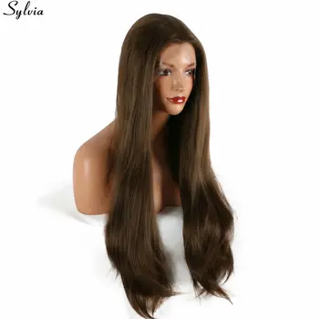 Sylvia Натуральный коричневый / черный 1B Парики Длинные прямые термостойкие волосы Синтетический кружевной передний парик для женщин Ежедневный косплей Использование на вечеринке