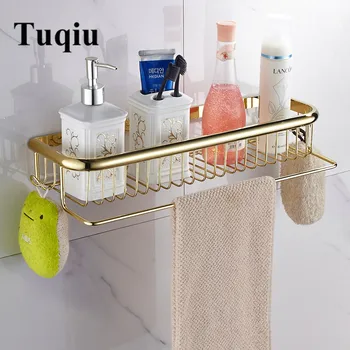 Tuqiu Gold Полка для ванной комнаты с вешалкой для полотенец Полки для ванной комнаты 30 см / 45 см Латунный держатель для шампуня для ванной комнаты корзина держатель для ванной комнаты
