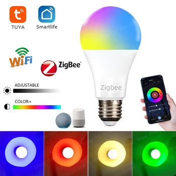 Tuya Zigbee 3.0 Светодиодные лампы 9 Вт E27 RGB + WW + CW WIFI лампа 110 В 220 В работает с голосовым управлением Alexa Google Home Smart Life App