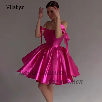 Viisher Ярко-розовые блестящие атласные короткие выпускные платья с бантом без бретелек Пышное вечернее платье для вечеринок Сексуальные мини-коктейльные платья