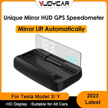Vjoycar 2023 HUD Зеркало Поднимается автоматически Большой и четкий GPS-спидометр Проектор КМ/Ч MPH часы для Tesla Y 3 Аксессуары