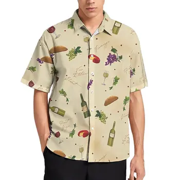 Wine Pattern Пляжная рубашка Человек Забавные повседневные рубашки с принтом еды Гавайские С коротким рукавом Изготовленные на заказ винтажные блузки оверсайз Идея подарка