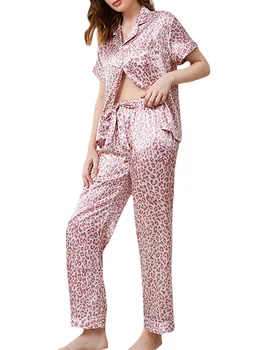 YILEEGOO Пижама для женщин Шелковый атлас на пуговицах с длинным рукавом Pjs для женщин Комплекты Классический женский комплект одежды для сна Домашняя одежда 4