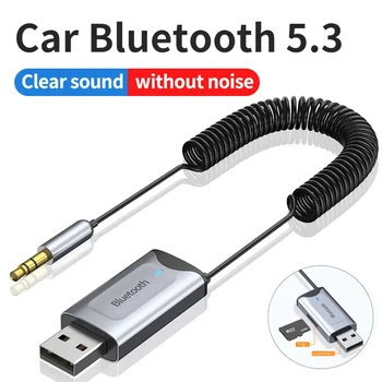 Автомобильный адаптер Bluetooth 5.3 Стерео Беспроводной USB-ключ на 3,5 мм Разъем AUX Аудио Музыкальный адаптер Микрофон Громкая связь Вызов и слот для TF-карты 0