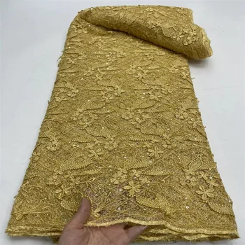 Африканская кружевная ткань 2024 Золото Высокое качество Нигерийские пайетки Тюль Кружевная ткань Французские роскошные пайетки 3D Кружево для свадьбы