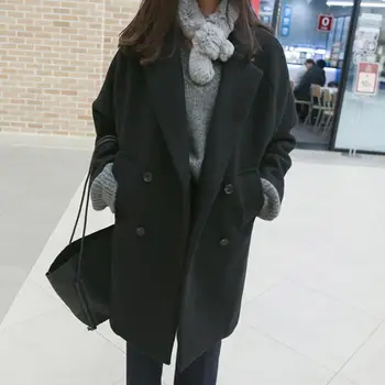 бежевый шерстяной пиджак женский осень-зима повседневный лацкан длинные пальто женские элегантные винтажные корейские модные свободные пальто оверсайз