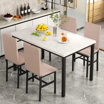 белый кухонный стол и стулья на 4 человека, набор обеденных столов из 5 предметов Стол из искусственного мрамора с 4 сиденьями с обивкой из искусственной кожи