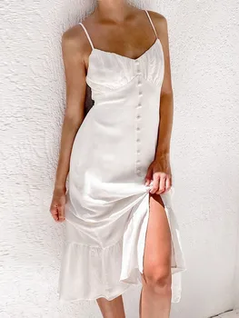  белый хлопковый лен сексуальное платье на бретелях женское платье с V-образным вырезом для летних каникул А-силуэт Платье с рюшами и пуговицами с открытой спиной 2023