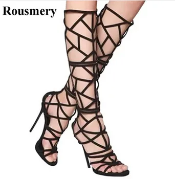 бесплатная доставка женская мода с открытым носком ремешок крест гладиаторские сапоги вырез черный высокий каблук сандалии формальный парад обувь