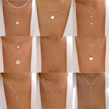 Богемия Золотой Цвет Несколько Стилей Ожерелье Для Женщин Модные Многослойные Кристаллы Кулон Ожерелья Набор Простые Стильные Ювелирные Изделия