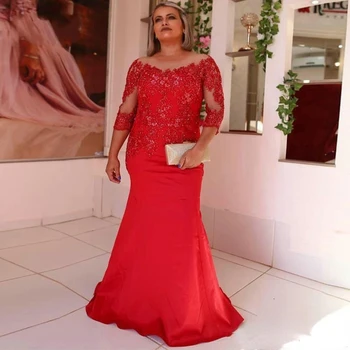 Большие размеры Кружевные платья для матери невесты 2023 Красный Длинные рукава Русалка Элегантное длинное свадебное платье для вечеринки Robe de Soirée Femme