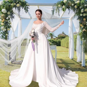 Великолепный Квадратный вырез Свадебные платья Винтаж Свадебное платье с пайетками Длинные рукава Съемный шлейф Vestidos de Noiva