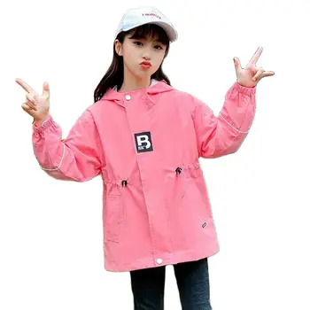 Весенняя и осенняя нейлоновая хлопковая куртка для девочек Новая 2022 корейская версия Мода Ветровка с капюшоном Пальто Повседневная детская одежда