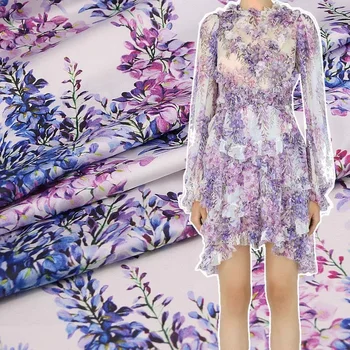 Весна и лето глициния цветочный принт драпировка гладкая атласная ткань слинг платье ручной работы cheongsam широкие брюки рубашка ткань