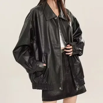 Винтажная куртка из искусственной кожи Женская уличная технологическая одежда Оверсайз Мото Байкерские пальто Панк Свободная повседневная укороченная верхняя одежда