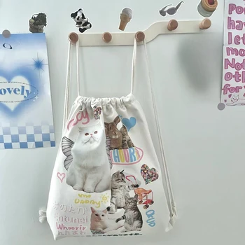 Винтажная нейлоновая сумка на плече с кошачьим принтом на шнурке2023 Япония Корея Ins Симпатичный мультяшный студенческий рюкзак на шнурке Сумка большой емкости