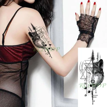 Водонепроницаемая временная татуировка наклейка волчья голова животное треугольник геометрические узоры поддельная татуировка флэш-татуировка для девочек, женщин, мужчин 2