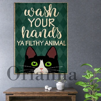 Вымойте руку Плакат, Винтажный плакат, Смешной плакат, Забавный кошачий плакат, Винтажный Смешной Кот Ванная комната HD Печать Холст Живопись 0