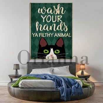 Вымойте руку Плакат, Винтажный плакат, Смешной плакат, Забавный кошачий плакат, Винтажный Смешной Кот Ванная комната HD Печать Холст Живопись 1
