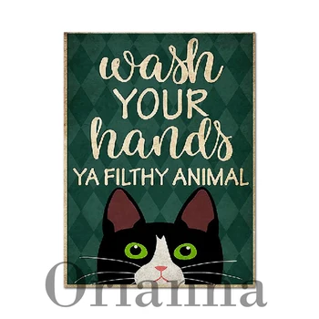 Вымойте руку Плакат, Винтажный плакат, Смешной плакат, Забавный кошачий плакат, Винтажный Смешной Кот Ванная комната HD Печать Холст Живопись 3