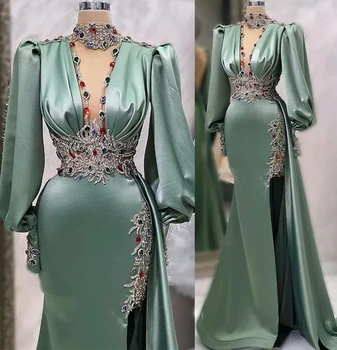 Выпускные платья Длинный рукав V-образный вырез Боковой разрез Атлас больших размеров Сексуальные вечерние платья для вечеринок 2021 Саудовская Аравия