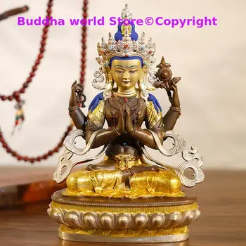 Высококачественная позолота статуи Будды Азия Непал Тибет храм благословить безопасное здоровье удача Четыре руки Авалокитешвара ГУАНЬИНЬ Будда