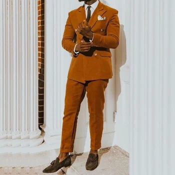  двубортный остроконечный лацкан оранжевый плоский плоский мужские костюмы повседневный пиджак из 2 шт. брюки английский стиль элегантная мужская одежда