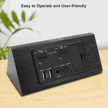 Деревянный цифровой будильник, с 2 USB-портами, большие цифры, температура, диммер яркости 0-100%, регулируемая громкость будильника 1