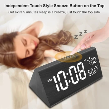 Деревянный цифровой будильник, с 2 USB-портами, большие цифры, температура, диммер яркости 0-100%, регулируемая громкость будильника 3