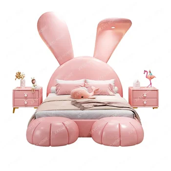Детская кровать для девочек Розовая односпальная кровать из массива дерева Кровать с большими ушами Кролик Свет Роскошная многофункциональная кожаная кровать