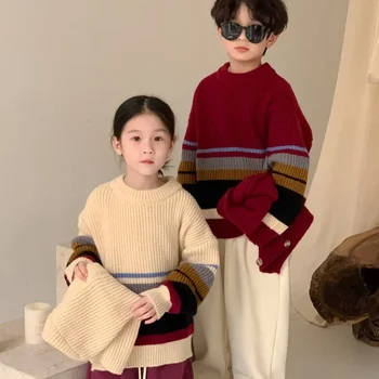 Детский свитер 2023 Зима для мальчиков и девочек в корейском стиле Утолщенная шаль Свитер Лацкан Повседневный Теплый Детский повседневный трикотажный топ с капюшоном 1