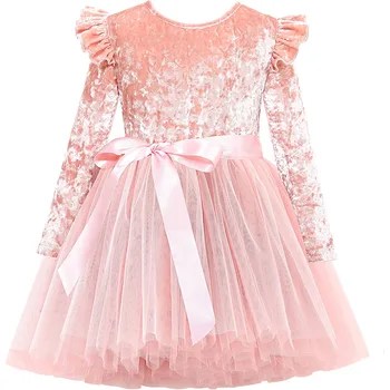 Детское трансграничное платье для девочек Модное бархатное платье с длинным рукавом Выступление День рождения Пончо Принцесса Короткое платье 4