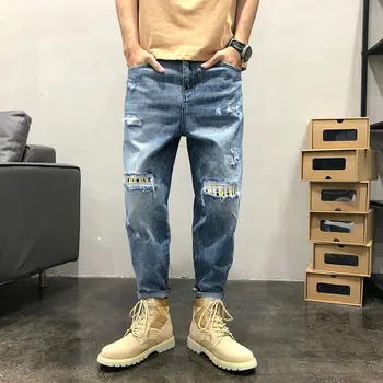 Джинсы мужской тренд рваный патч патч ткань прилив бренд уличный хип-хоп синие свободные шаровары брюки брюки